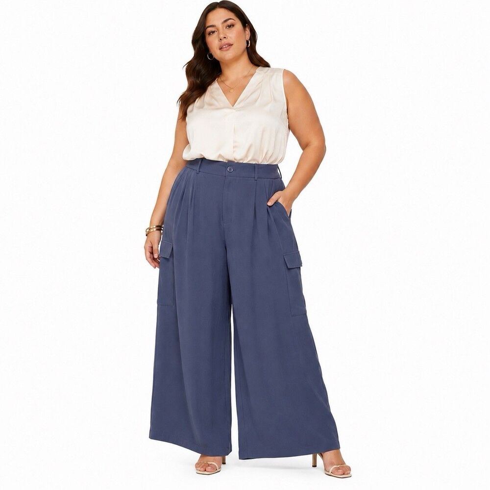 Dokotoo Pants Women Sz 16 Blue Pinnacle High Rise Cargo Trouser Pull On Wide Leg